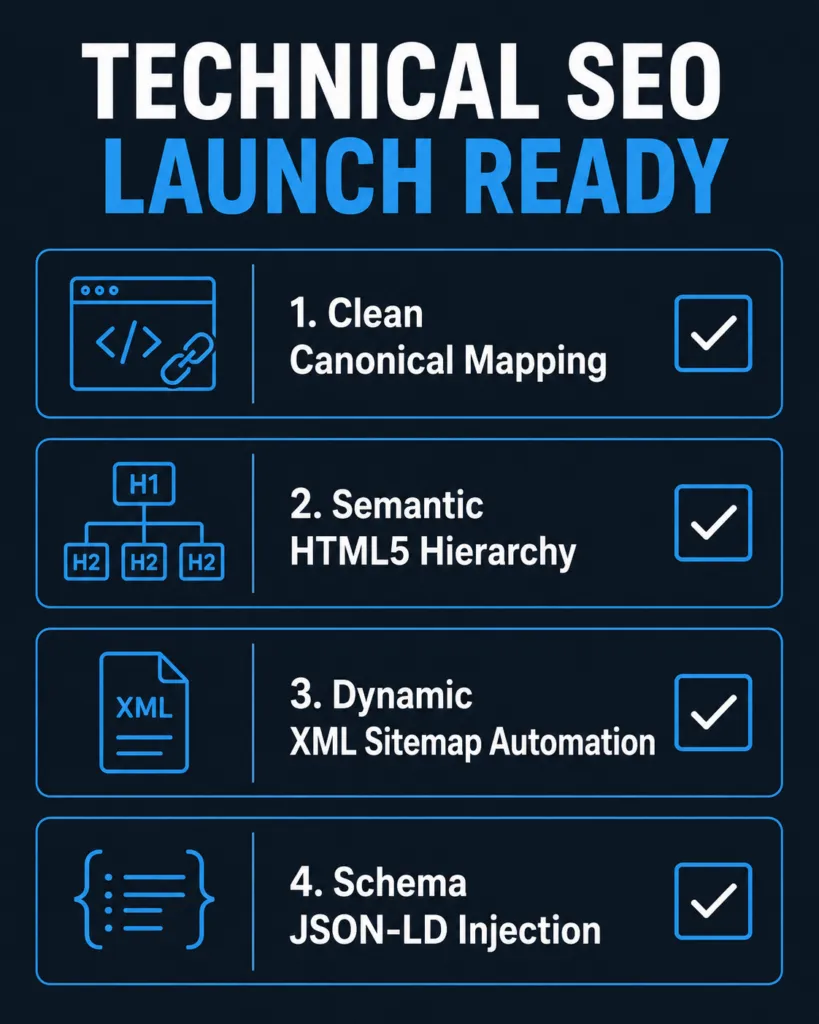 A 4:5 vertical vector checklist detailing the core components of a technical search engine optimization launch framework, focusing on clean canonical tags, HTML5 structure, automated sitemaps, and structured schema data.