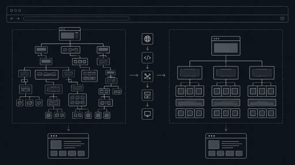 A clean, minimalist technical diagram displaying a browser's layout parsing paths, comparing the unoptimized nested blocks of pre-made templates with the clean path of engineered custom semantic code.