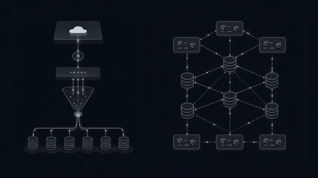 A clean, minimalist systems architecture diagram comparing the rigid data structures of a closed visual builder platform with the scalable, relational database nodes of custom engineering.