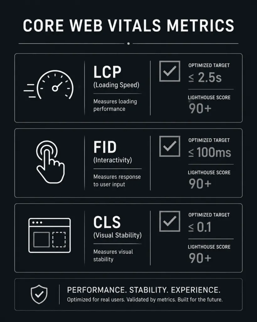 A minimal 4:5 vector checklist infographic itemizing the Core Web Vitals optimization thresholds required to protect user retention and organic visibility.