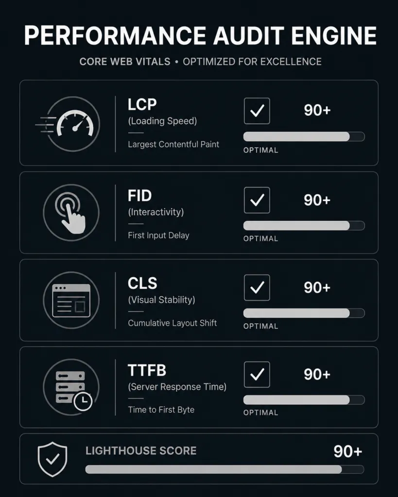 A minimal 4:5 vector checklist detailing the core technical performance requirements and speed optimization parameters defined by the Google Core Web Vitals guidelines.