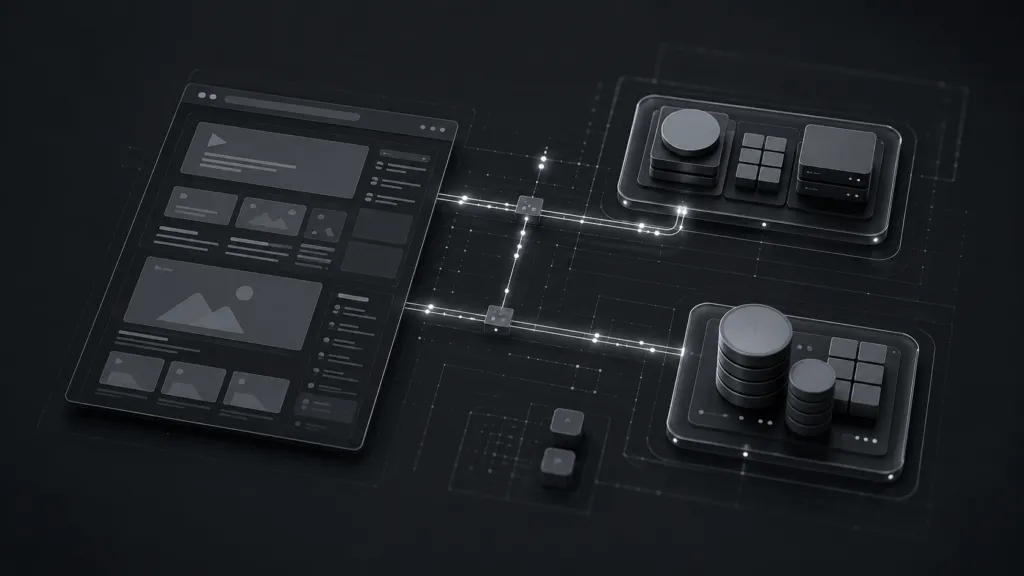 A professional technical schematic illustrating a custom web application decoupling its frontend presentation layer from its underlying backend systems and enterprise data infrastructure.