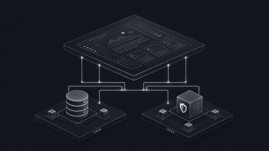 An isometric systems infrastructure diagram demonstrating a decoupled custom web application structure where the user interface is completely separated from the backend relational database nodes.