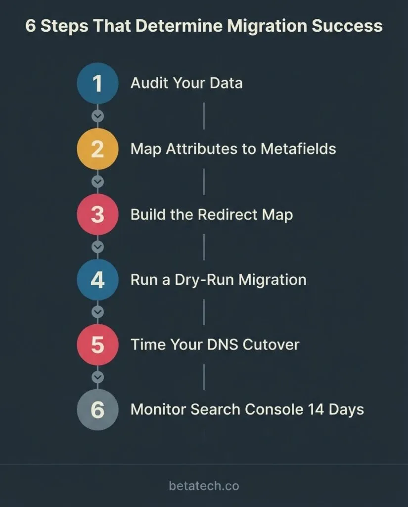 Drupal to WordPress migration SEO redirect workflow: four steps from Drupal URL crawl to 301 redirect map to WordPress go-live to Search Console resubmission