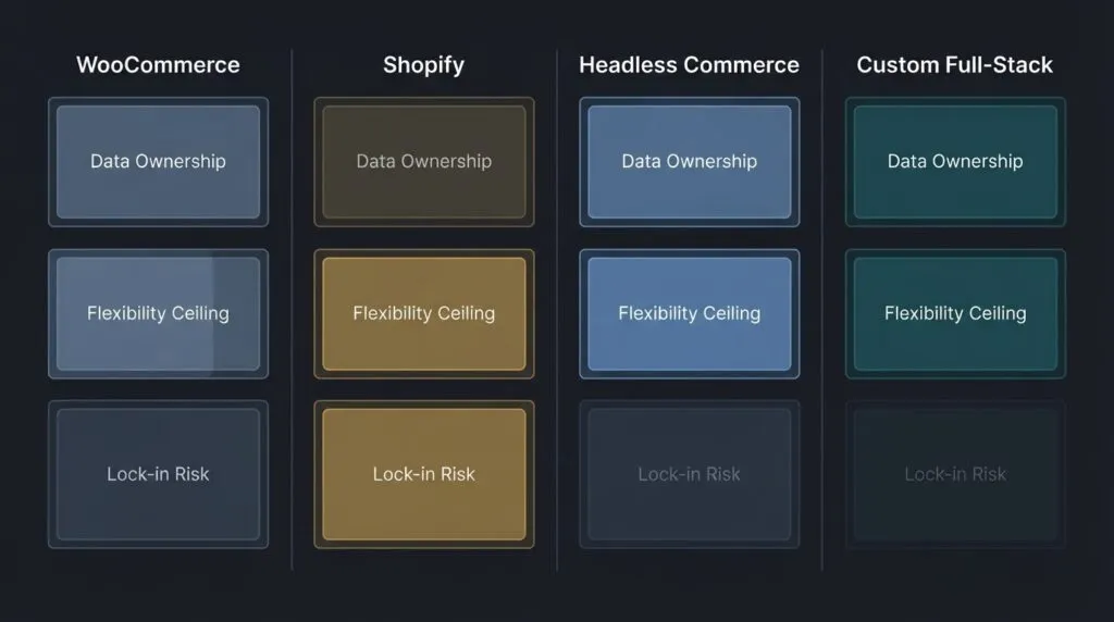 Ecommerce platform architecture comparison diagram showing WooCommerce, Shopify, headless Next.js, and custom Laravel development across data ownership, flexibility, and lock-in risk layers in a dark-mode technical layout.