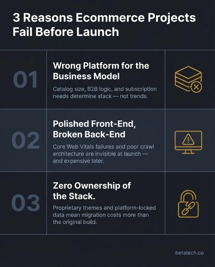 Flat vector infographic titled "3 Reasons Ecommerce Projects Fail Before Launch" showing three labeled failure modes: wrong platform selection, broken back-end architecture behind polished design, and zero stack ownership — each with a minimal icon and diagnostic descriptor, on a dark charcoal background.