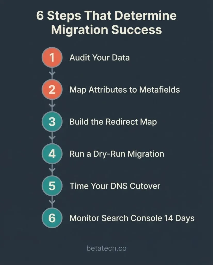 Diagram showing Magento hierarchical URL structure redirecting via 301 to flat Shopify product URL, preventing SEO ranking loss during migration