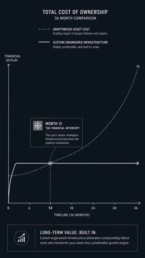 A vertical 9:16 infographic line graph plotting cumulative multi-year website maintenance costs over a 36-month timeline, showing custom code flattening out while templates increase in cost over time.