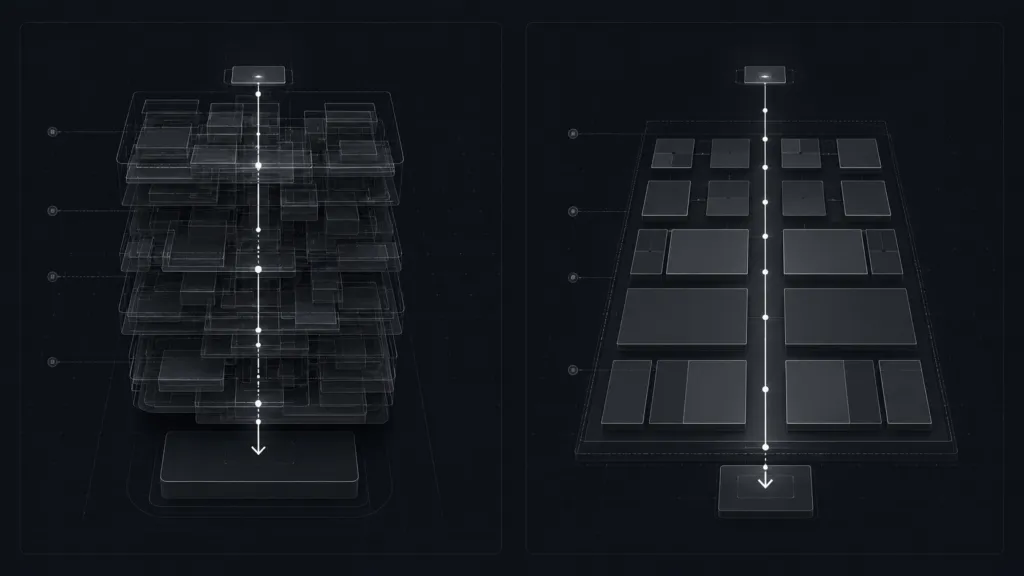 An isometric technical layout blueprint demonstrating the physical structural difference between unoptimized nested layouts from automated engines and optimized, clean semantic source code.