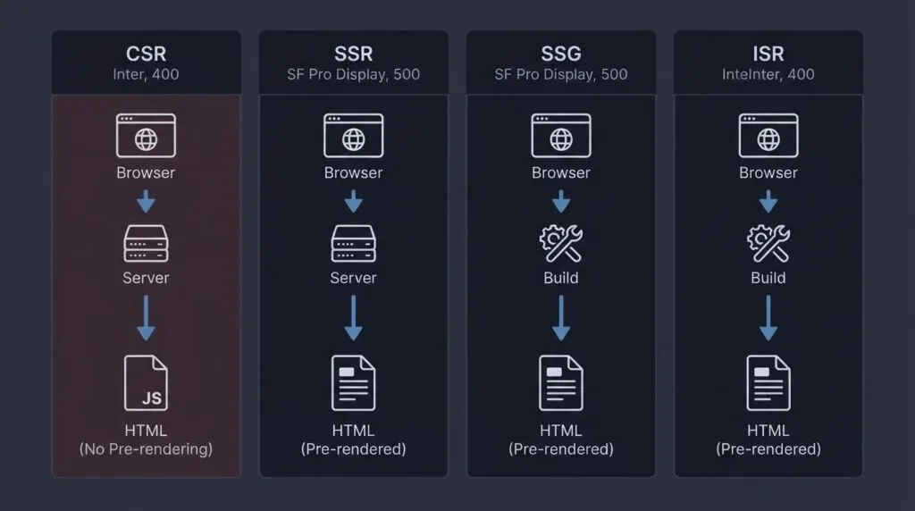 Technical architecture diagram comparing React JS rendering modes — CSR, SSR, SSG, and ISR — showing request-response pipeline flow and HTML output differences for SEO and performance evaluation