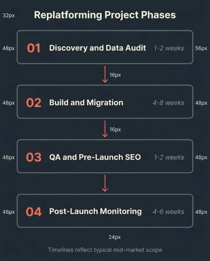 Horizontal bar chart showing website replatforming cost ranges from $3,000 for small sites up to $150,000 plus for enterprise ecommerce, with timeline benchmarks per tier