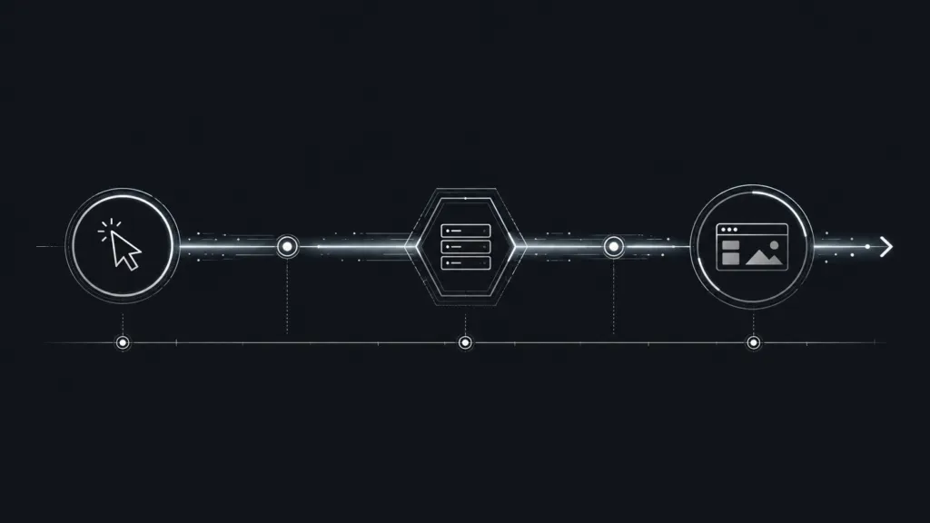 A professional tech schematic outlining a web application's page performance lifecycle from initial hosting response time to final layout visibility.