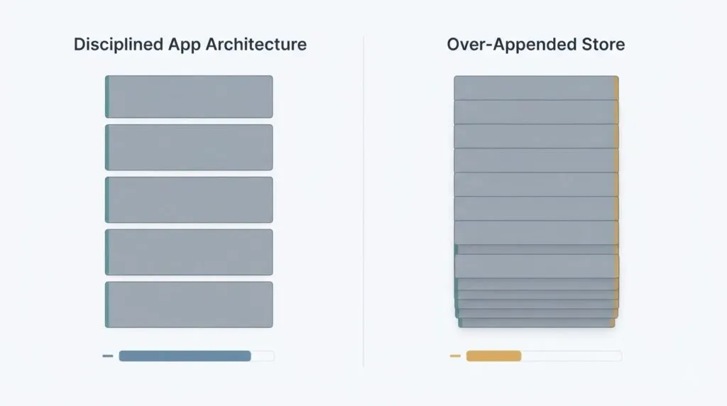 Side-by-side comparison of clean Shopify app architecture versus bloated over-appended app stack showing performance impact on ecommerce store page load