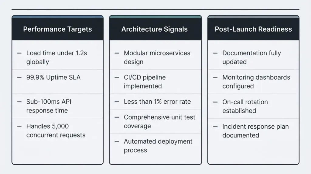 Shopify ecommerce website development quality benchmark checklist showing performance targets, clean architecture signals, and post-launch operational readiness criteria for US business owners