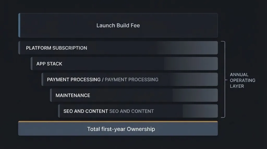 Shopify ecommerce website development total cost of ownership breakdown showing launch build fee versus first-year operational costs including platform subscription, app stack, and maintenance