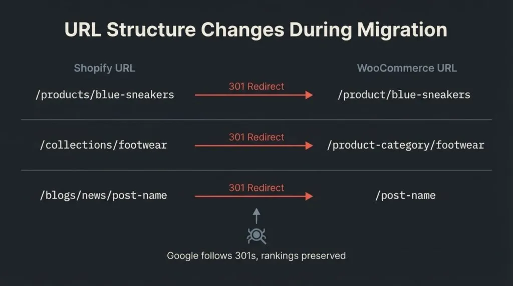 Shopify to WooCommerce migration data flow diagram: products, orders, customers, and blog posts transfer automatically; theme, apps, payment config, and images require manual rebuild