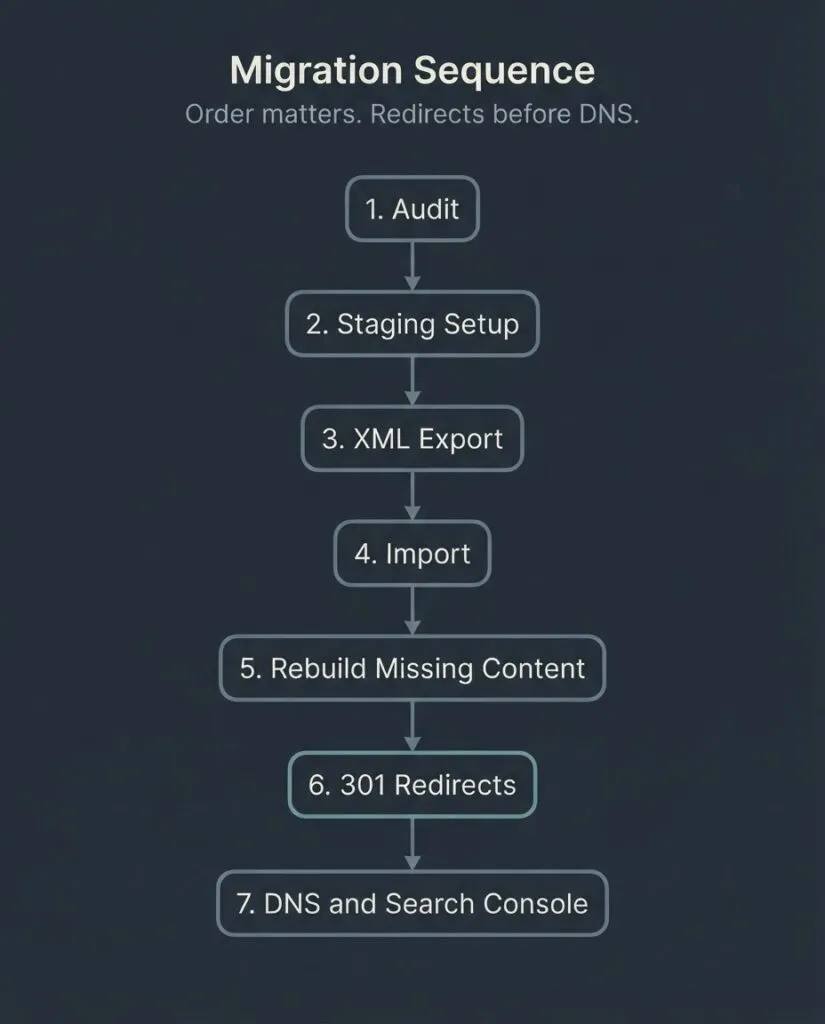 Squarespace to WordPress migration 7-step process flow: audit, staging setup, XML export, import, content rebuild, 301 redirects, DNS and Search Console