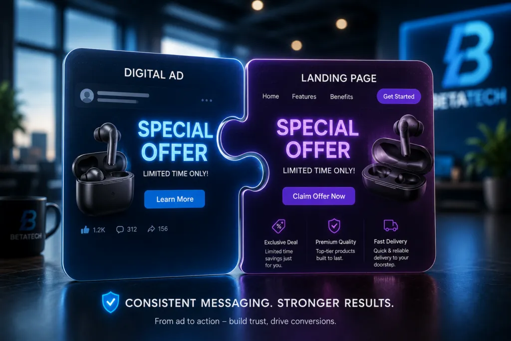 An ad and a landing page showing identical headlines for consistency.