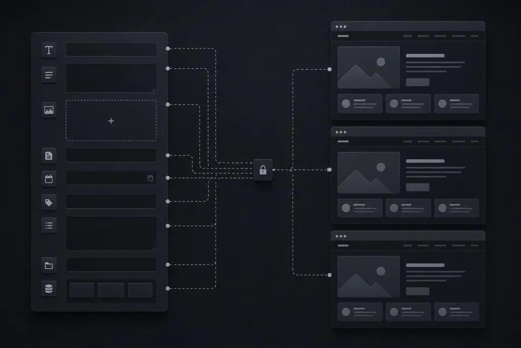 Technical UI/UX schematic detailing a database content management architecture where plain-text data fields populate uniform front-end responsive landing page templates.
