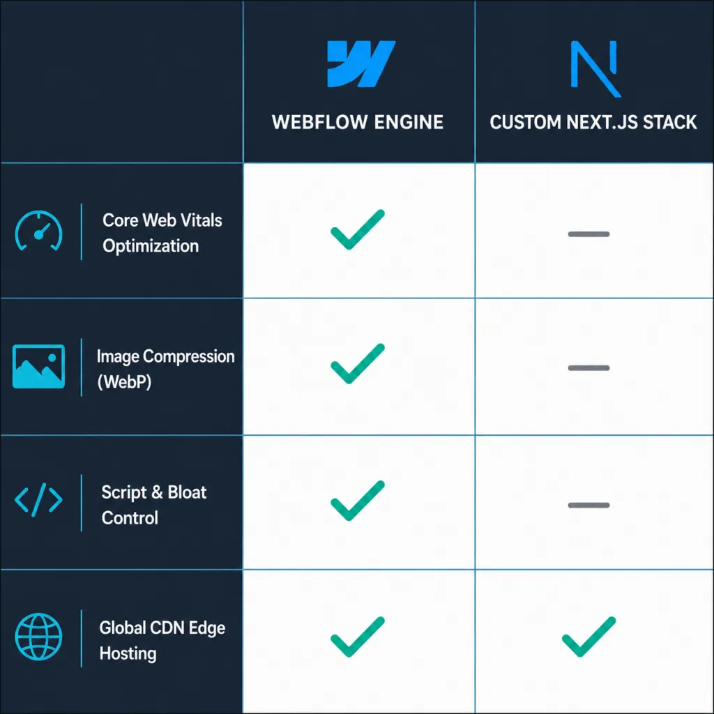A flat vector infographic 1:1 comparison table highlighting technical search engine optimization and Core Web Vitals differences between Webflow's native cloud engine and a custom Next.js code infrastructure stack.