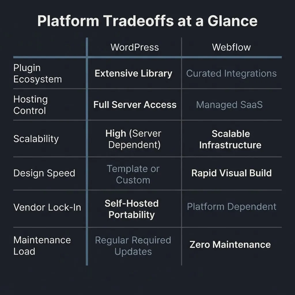 Comparison matrix showing WordPress advantages over Webflow in scalability, plugin depth, hosting control, and vendor lock-in risk, with Webflow winning on design speed for small sites