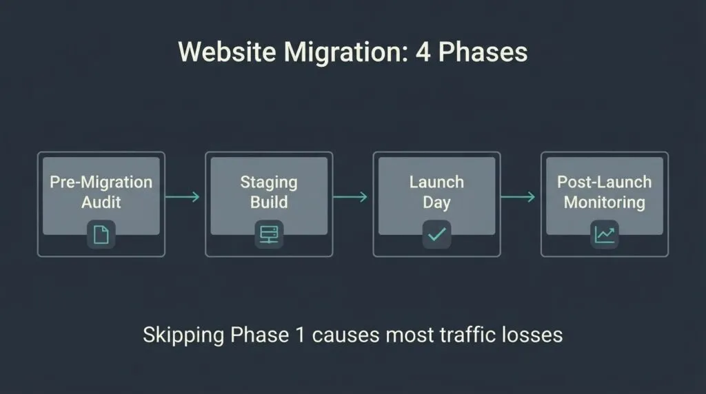Four-phase website migration process flow: Pre-Migration Audit leads to Staging Build, then Launch Day Execution, then Post-Launch Monitoring over 90 days