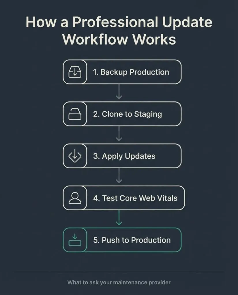 WordPress maintenance plan comparison matrix showing Basic at $50 to $150/month through Premium at $500 to $2,000+/month with included features per tier