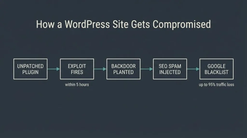 WordPress malware attack chain: unpatched plugin exploited within 5 hours leads to backdoor, SEO spam injection, Google blacklist, and up to 95% traffic loss